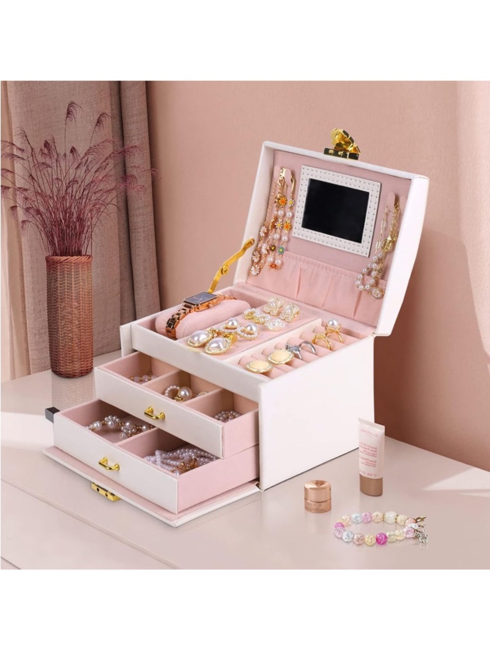 Pretty Comy Jewelry Box Organizer w/ Mirror 3 Layer Travel Case NEW - Picture 2 of 7